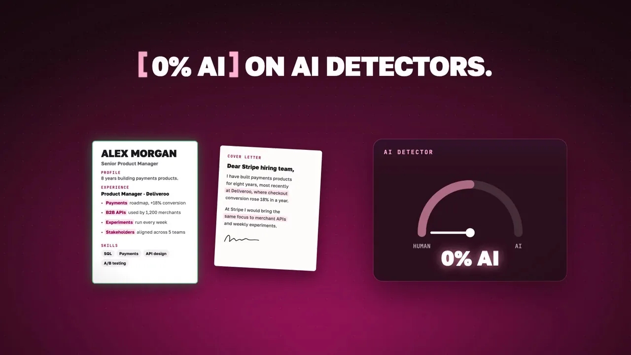 A tailored CV and cover letter go through an AI detector and read 0% AI.