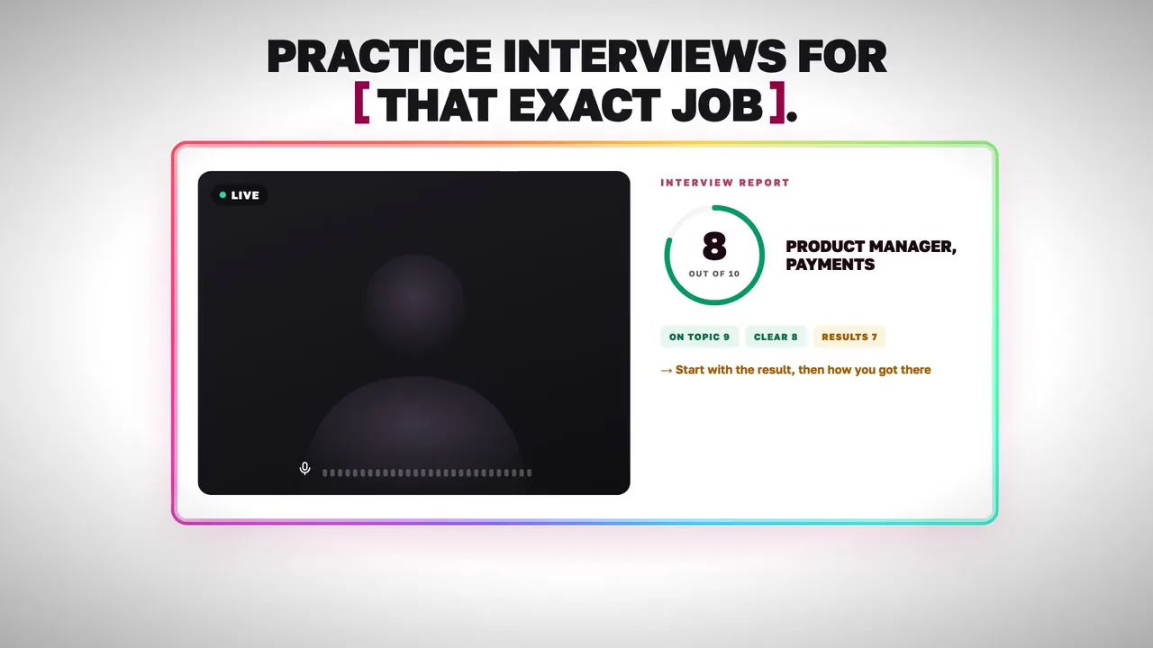 A mock video interview: the question, the recorded answer, then the score.