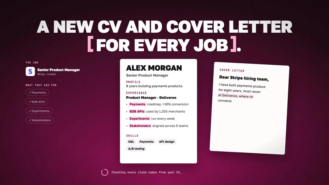 A 96% match is opened and EDGE writes a new CV and cover letter for that job.